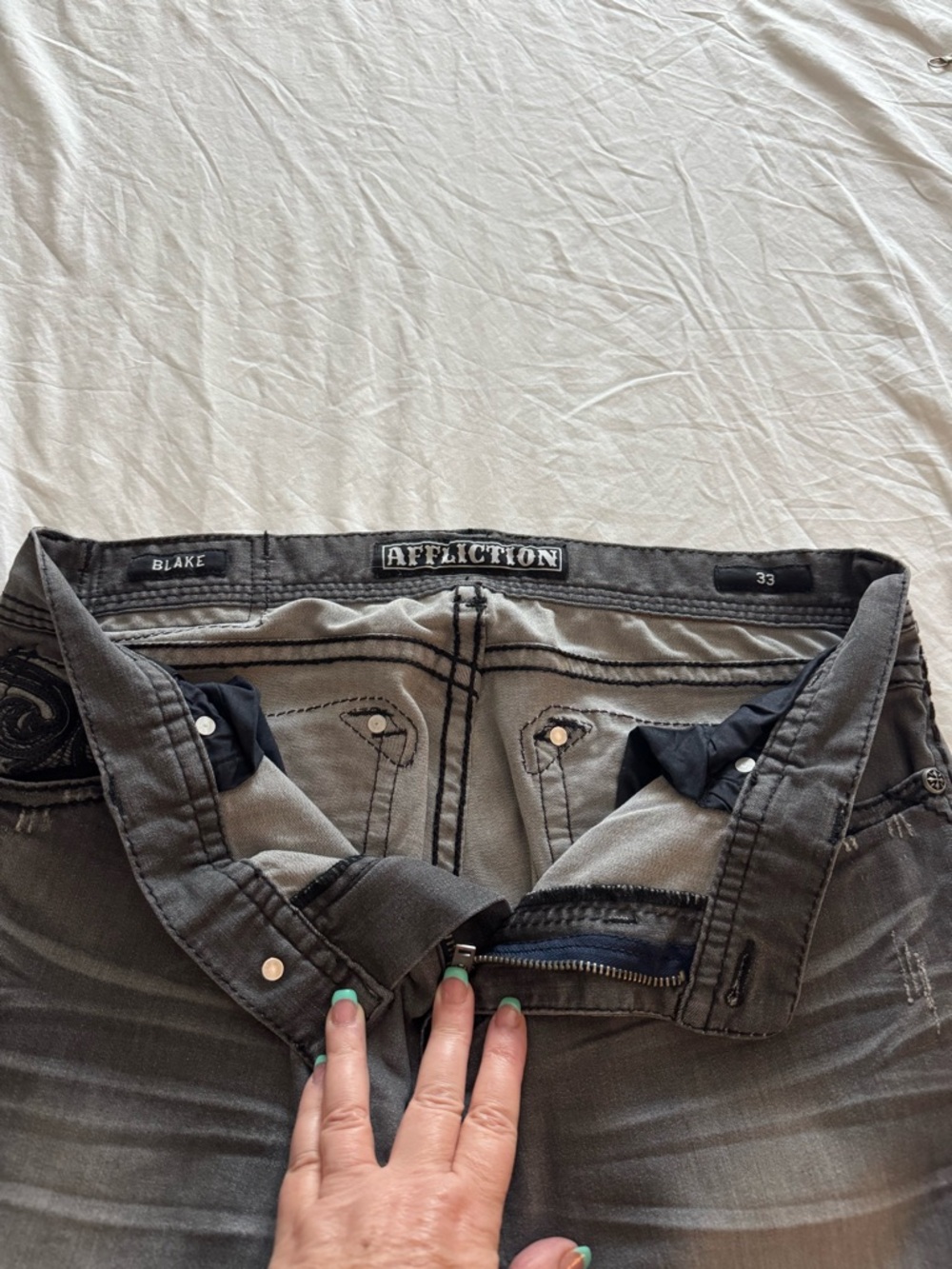Affliction Blake Grey Distressed Jeans size 33 - Picture 3 of 4